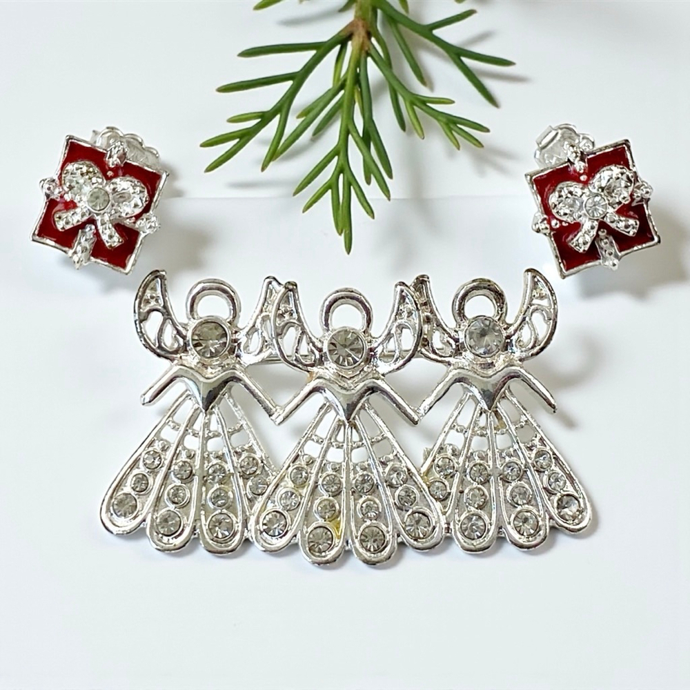 Vintage Nina Ricci Red Gift Rhinestone Earrings, Silver 3 Angel Crystal Brooch.